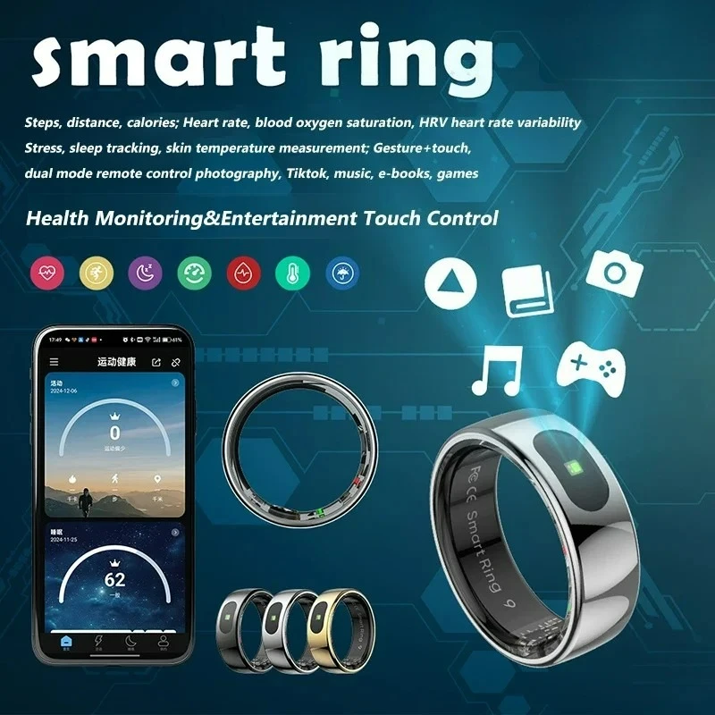 Temperature Ring Skin - HY デジタル スマートリング（男女兼用）、タッチ操作機能、健康モニタリング、防水、皮膚温度測定機能搭載。