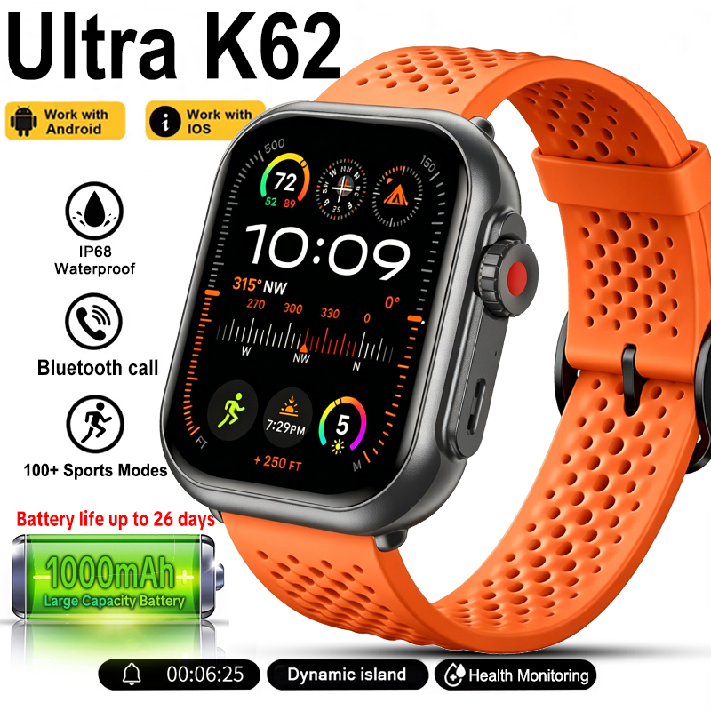 Fall Detection Watch - 新型ウォッチウルトラK62スマートウォッチ メンズ レディース 1000mAhバッテリー フィットネストラッカー 心拍数